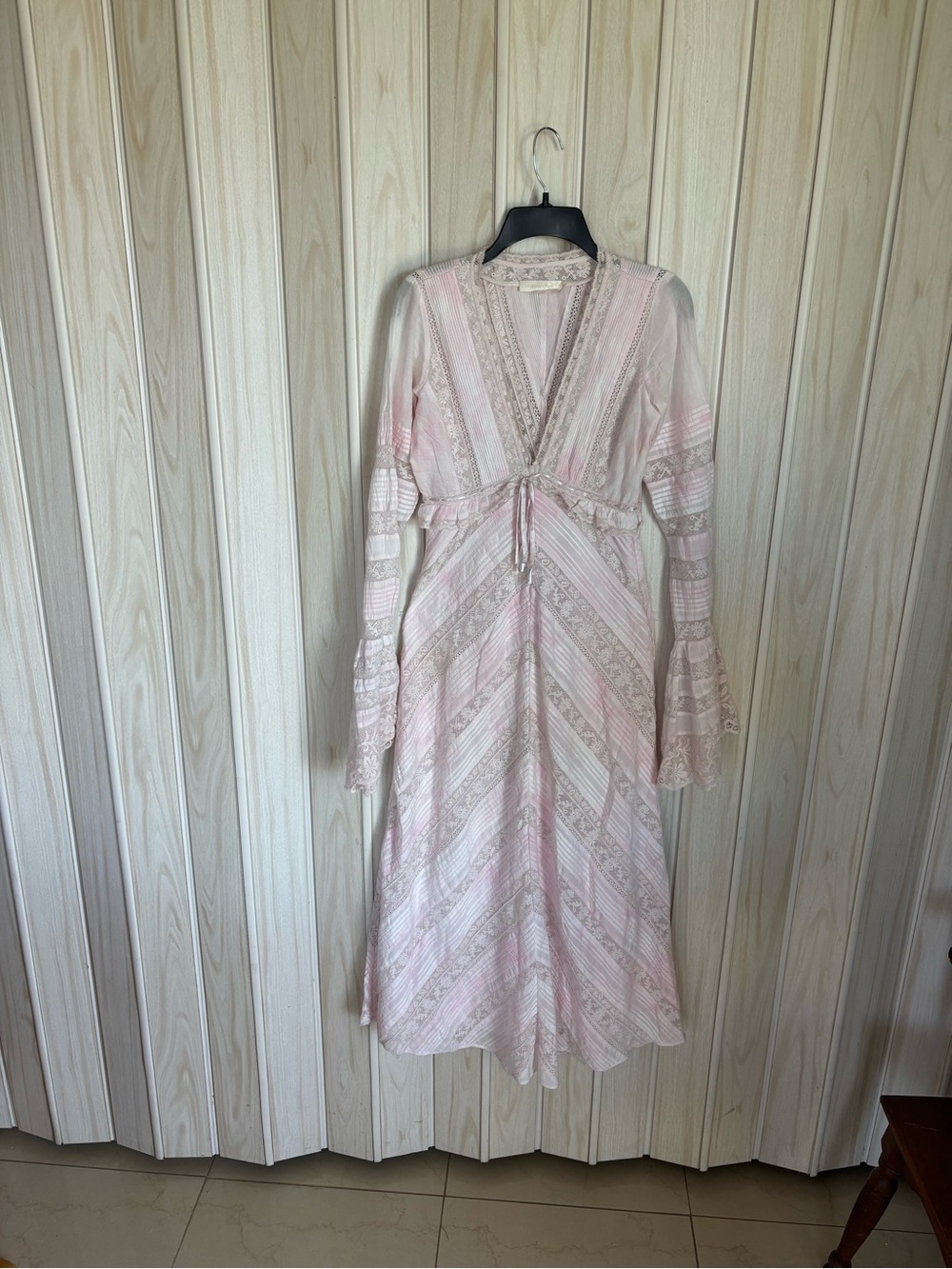 LoveShackFancy Pale Pink Lace-Trim Long Sleeve Midi Dress